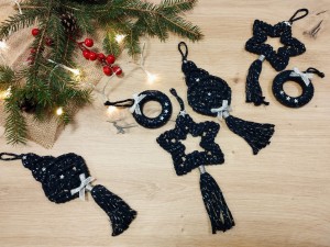 Box świąteczny z ozdobami ze sznurka - Boże Narodzenie - 6 elementów, granatowy z błyszczącą nitką