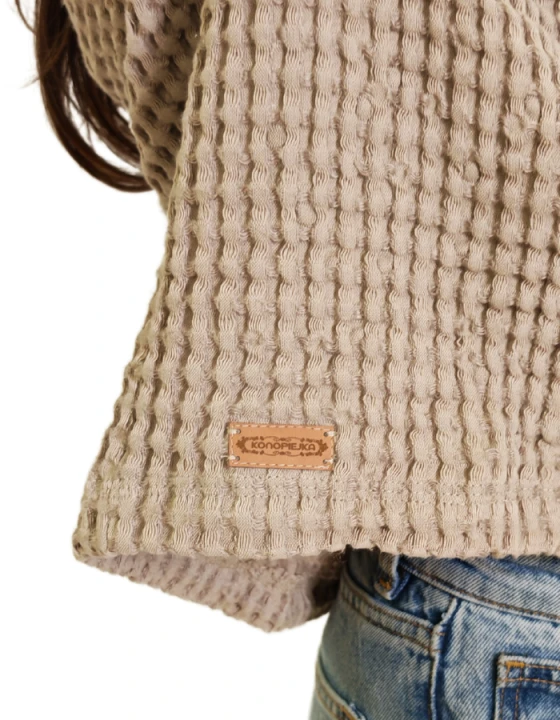 Sweter damski, Bluza z wafelka lniano-bawełnianego - Naturalny S/M