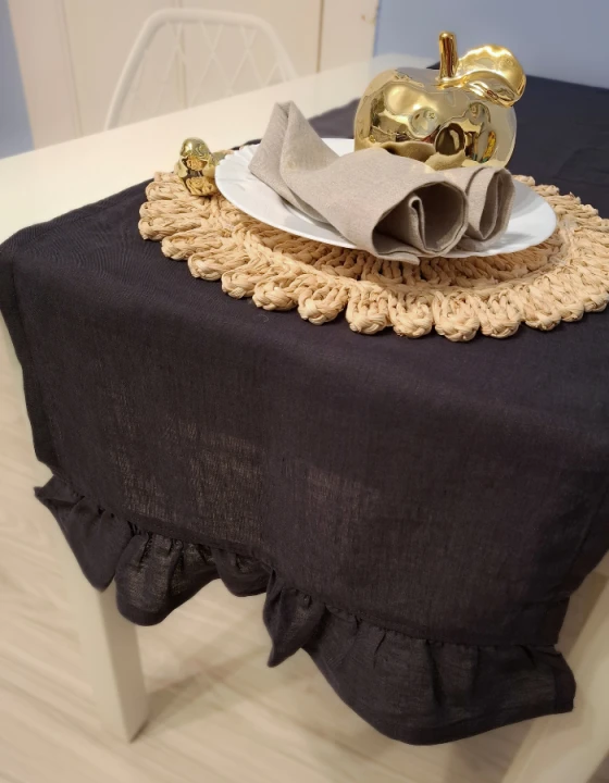 Lniany Bieżnik Z Falbaną - CZARNE ESPRESSO