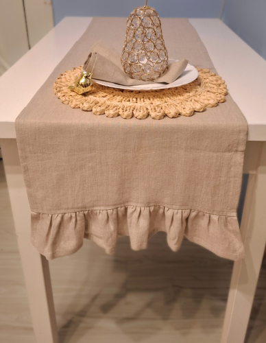 Lniany Bieżnik Z Falbaną - NATURALNY, 40 x 180 cm