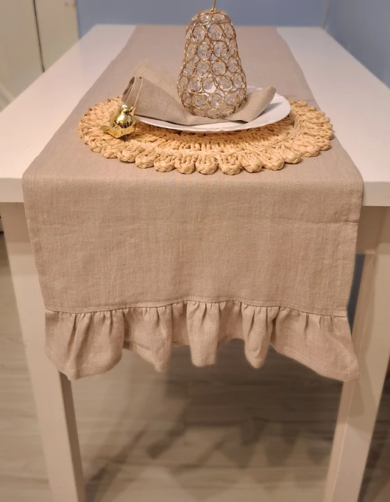 Lniany Bieżnik Z Falbaną - NATURALNY, 40 x 180 cm