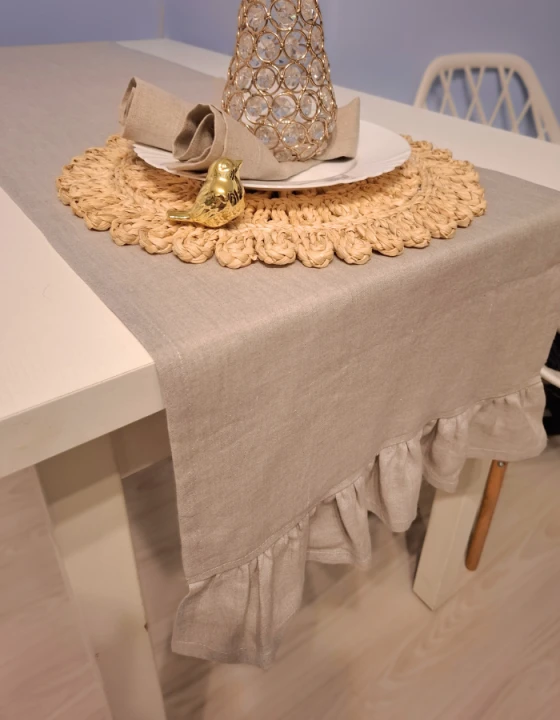Lniany Bieżnik Z Falbaną - NATURALNY, 40 x 180 cm