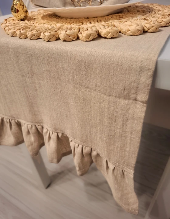 Lniany Bieżnik Z Falbaną - NATURALNY, 40 x 180 cm