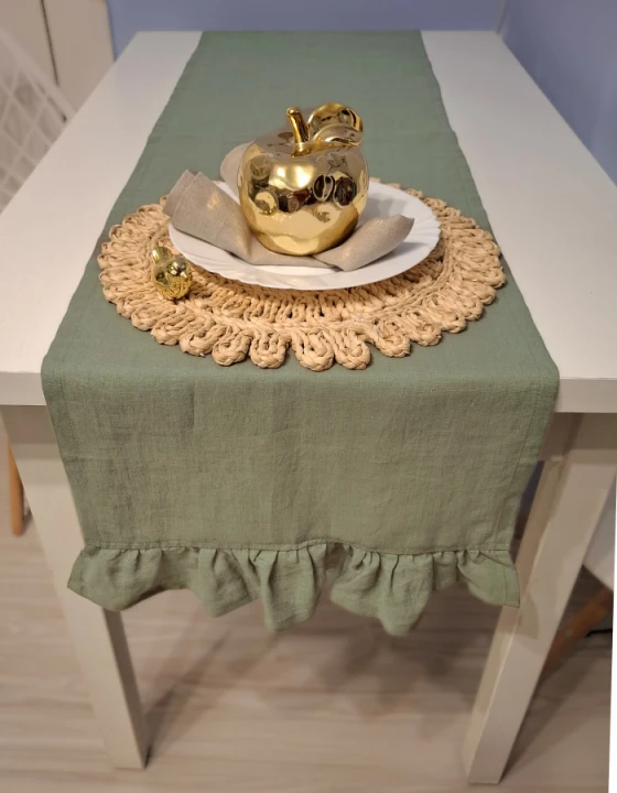 Lniany Bieżnik Z Falbaną - KHAKI, 40 x 160 cm