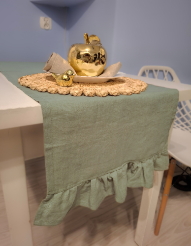 Lniany Bieżnik Z Falbaną - KHAKI, 40 x 160 cm