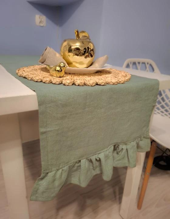 Lniany Bieżnik Z Falbaną - KHAKI, 40 x 160 cm