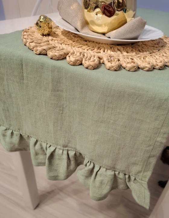 Lniany Bieżnik Z Falbaną - KHAKI, 40 x 160 cm