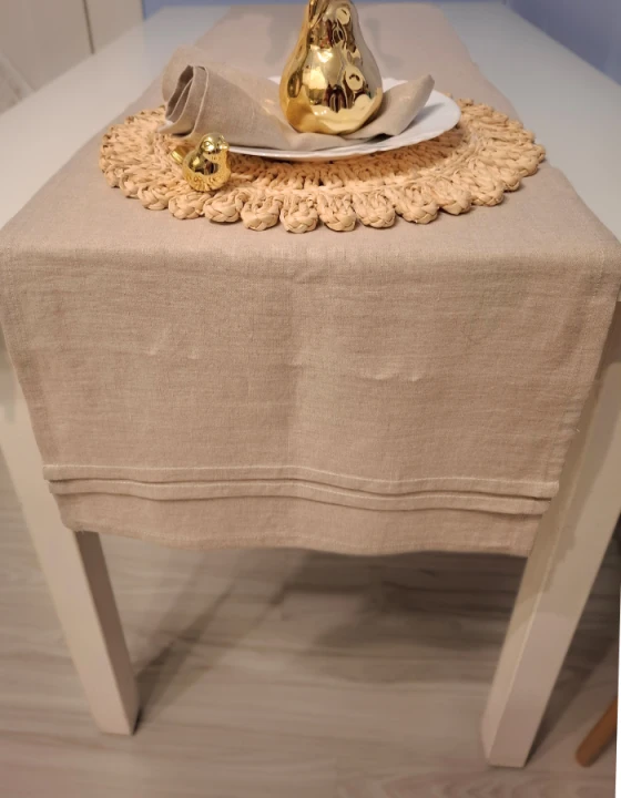 Lniany Bieżnik Z Plisami - NATURALNY, 40 x 160 cm