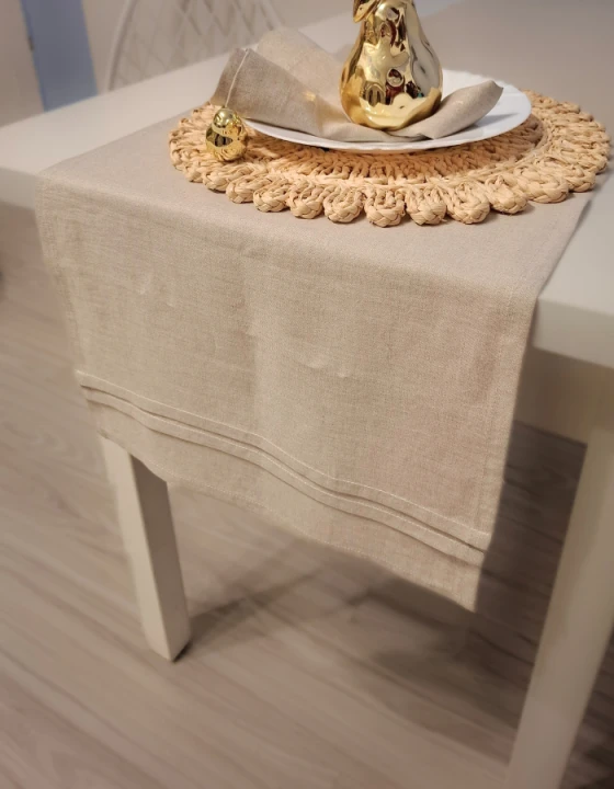 Lniany Bieżnik Z Plisami - NATURALNY, 40 x 160 cm