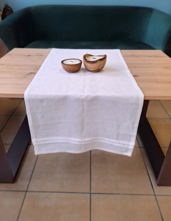 Lniany Bieżnik Z Plisami - BIAŁY, 40 x 100 cm