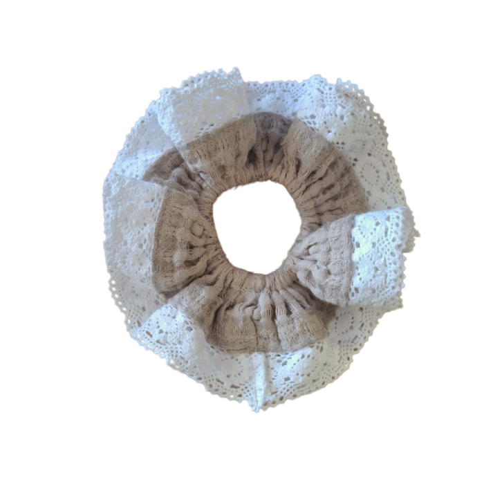 Lniana gumka do włosów, Frotka z koronką BIAŁA