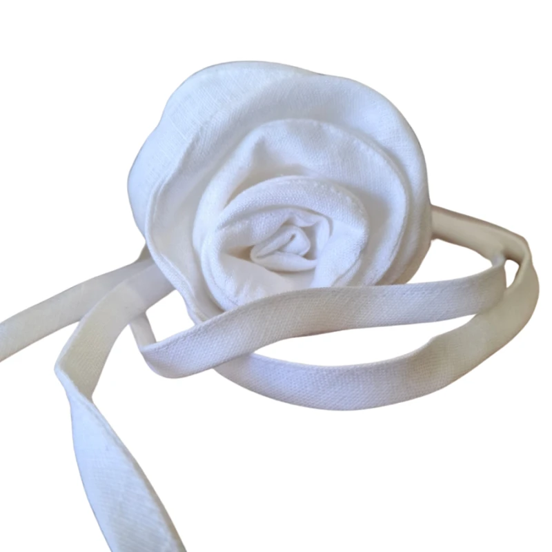 Choker lniany BIAŁA RÓŻA wiązany
