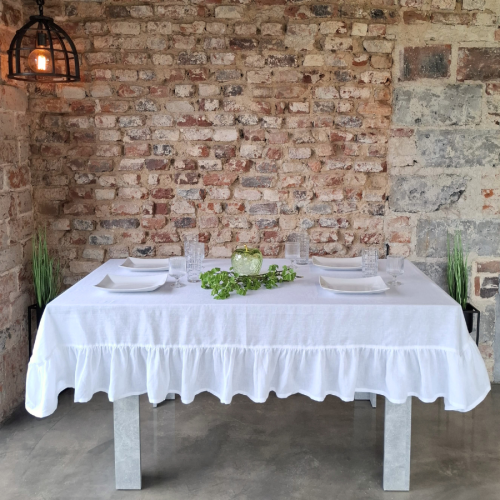 Lniany Obrus z Falbaną - BIAŁY