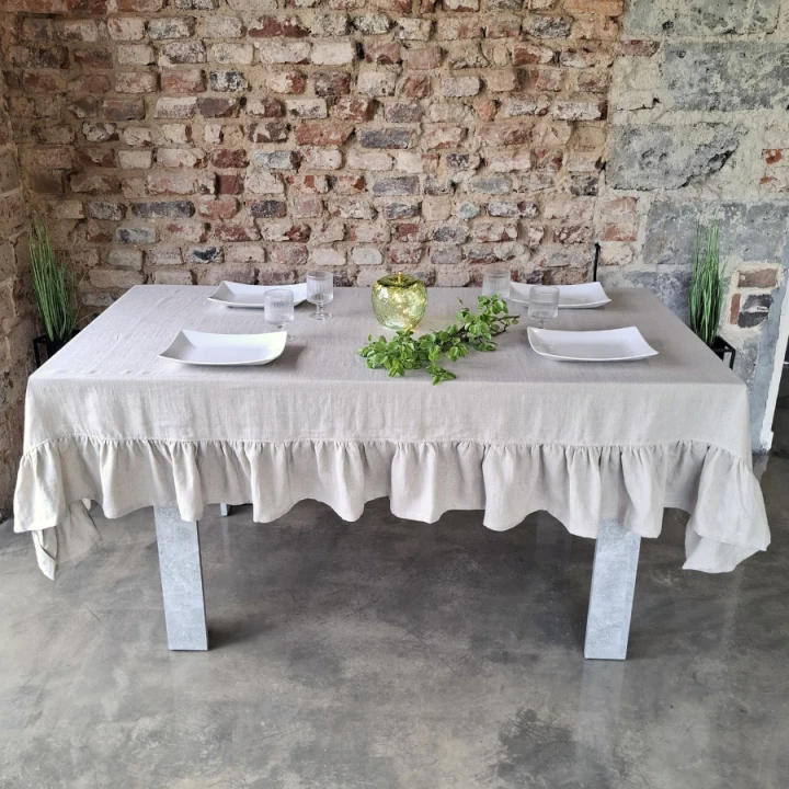 Lniany Obrus z Falbaną - NATURALNY