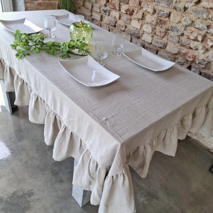 Lniany Obrus z Falbaną - NATURALNY