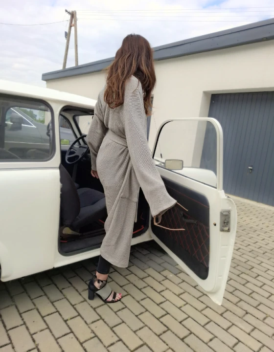 Płaszcz, Kardigan damski, naturalny beż LEN 100% - rozmiar uniwersalny