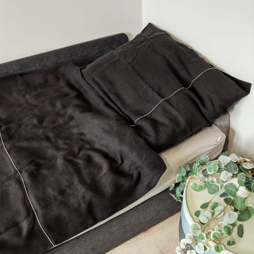 Lniana Pościel - Komplet - na zakładkę, CZARNE ESPRESSO z szarą lamówką / 140 x 200 cm