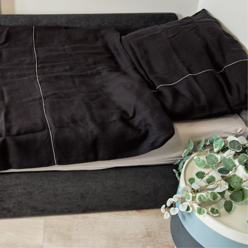 Lniana Pościel - Komplet - na zakładkę, CZARNE ESPRESSO z szarą lamówką / 140 x 200 cm