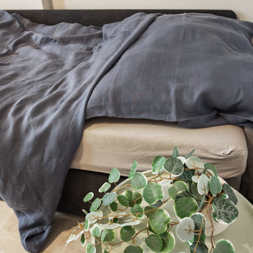 Lniana Pościel - Komplet - na zakładkę, DENIM z szarą lamówką / 160 x 200 cm