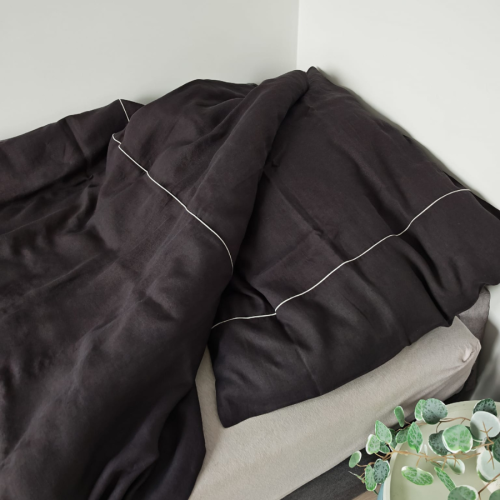 Lniana Pościel - Komplet - na zakładkę, CZARNE ESPRESSO z szarą lamówką / 160 x 200 cm