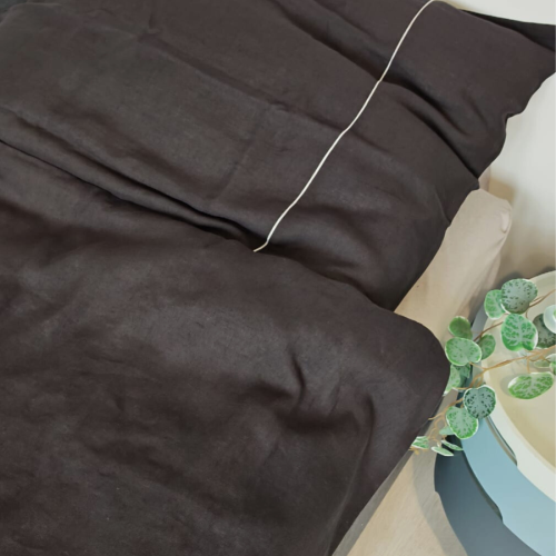 Lniana Pościel - Komplet - na zakładkę, CZARNE ESPRESSO z szarą lamówką / 160 x 200 cm