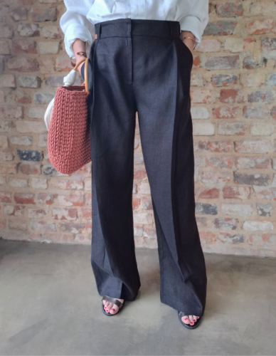 Spodnie Lniane damskie, PALLAZZO z zakładkami, czarne - rozmiar M