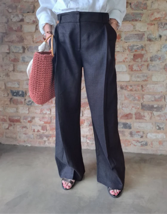 Spodnie Lniane damskie, PALLAZZO z zakładkami, czarne - rozmiar M