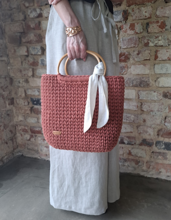 Torebka PLECIONA ceglana, KOSZYK rękodzieło