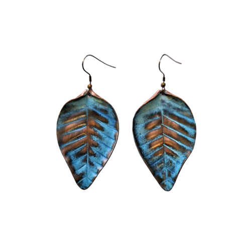 KOLCZYKI miedziane patynowane, wiszące LIŚCIE