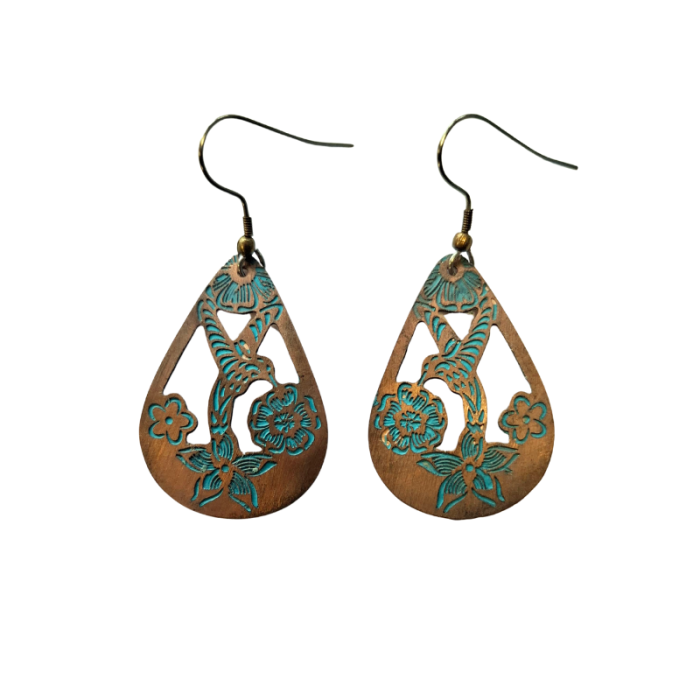 KOLCZYKI miedziane z kolibrem, patynowane AŻUR