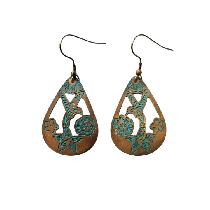 KOLCZYKI miedziane z kolibrem, patynowane AŻUR