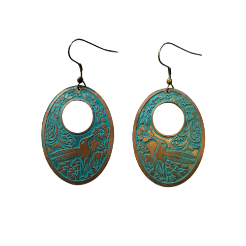 KOLCZYKI miedziane z kolibrem, patynowane z WYCIĘTYM KOŁEM