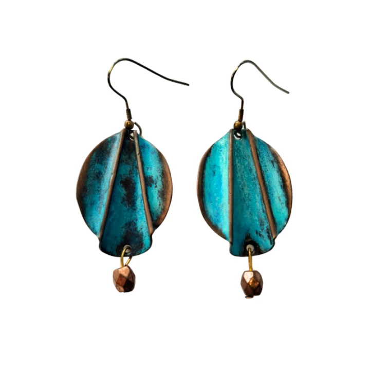 KOLCZYKI miedziane patynowane, wiszące WACHLARZ