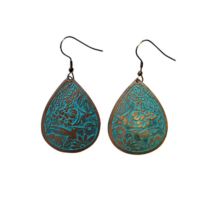 KOLCZYKI miedziane z kolibrem, patynowane