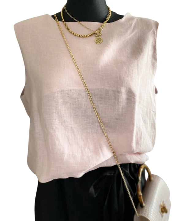 BLUZKA lniana bez rękawów, TOP LNIANY damski - rozmiar S/M, LEN 100% , MGLISTY RÓŻ