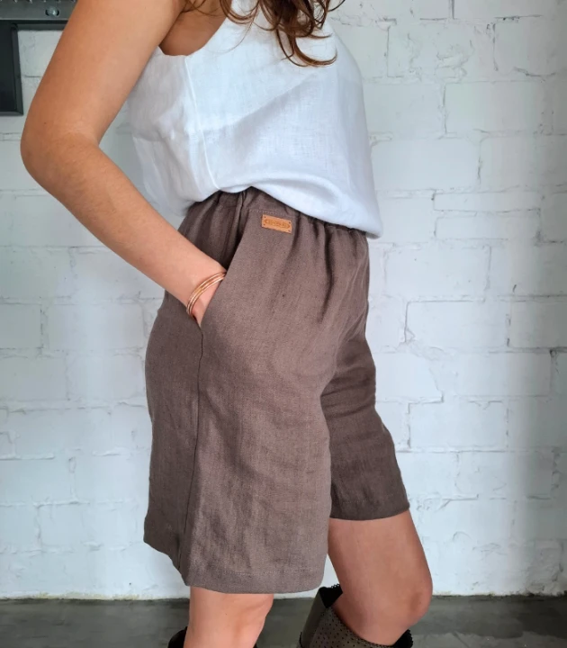 Szorty LNIANE, spodenki damskie LEN 100% - BRĄZOWE, rozmiar S/M