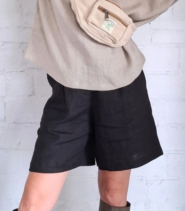 Szorty LNIANE, spodenki damskie LEN 100% - CZARNE, rozmiar S/M