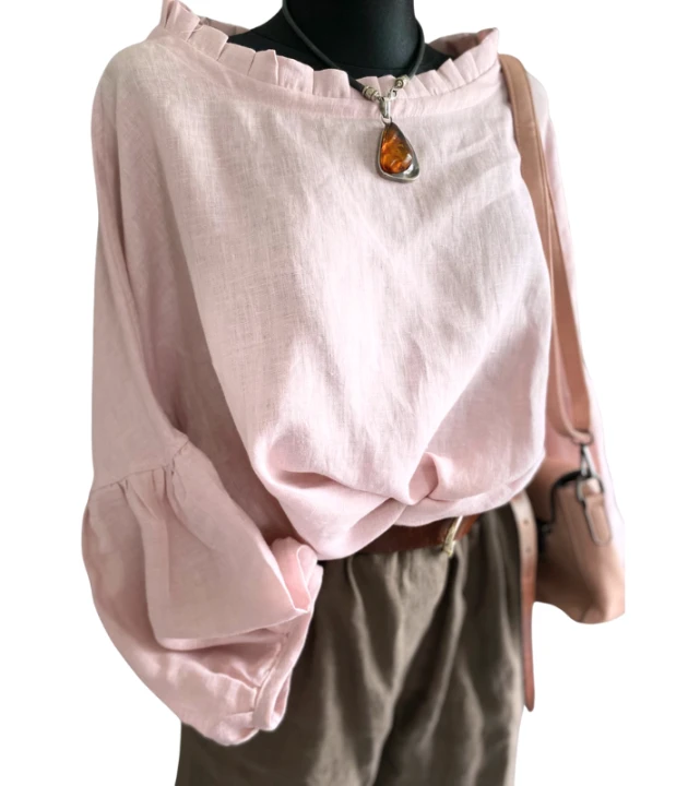BLUZKA lniana z falbaną BOHO, LEN 100% - rozmiar uniwersalny, kolor MGLISTY RÓŻ