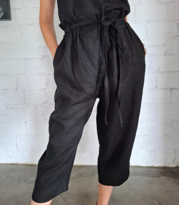 Spodnie Lniane damskie, BARELL na gumce, czarne - rozmiar S/M