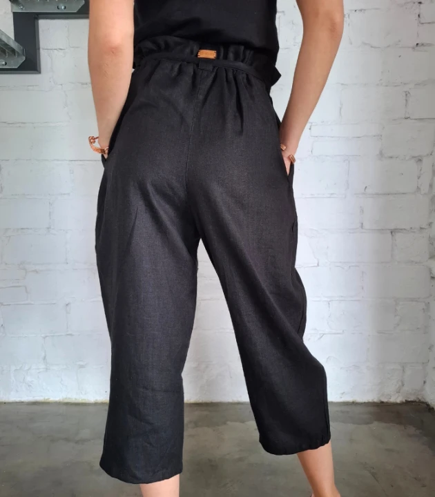 Spodnie Lniane damskie, BARELL na gumce, czarne - rozmiar S/M