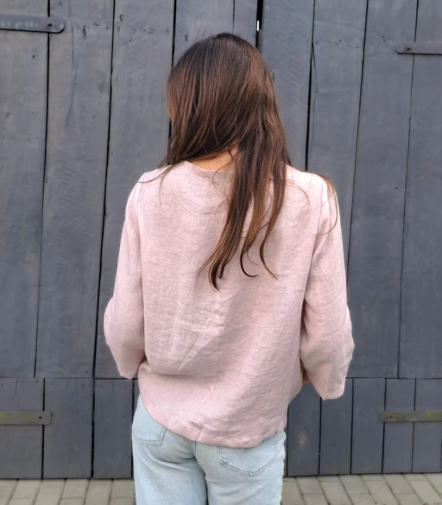 BLUZKA BASIC lniana z kieszonką, mglisty RÓŻ