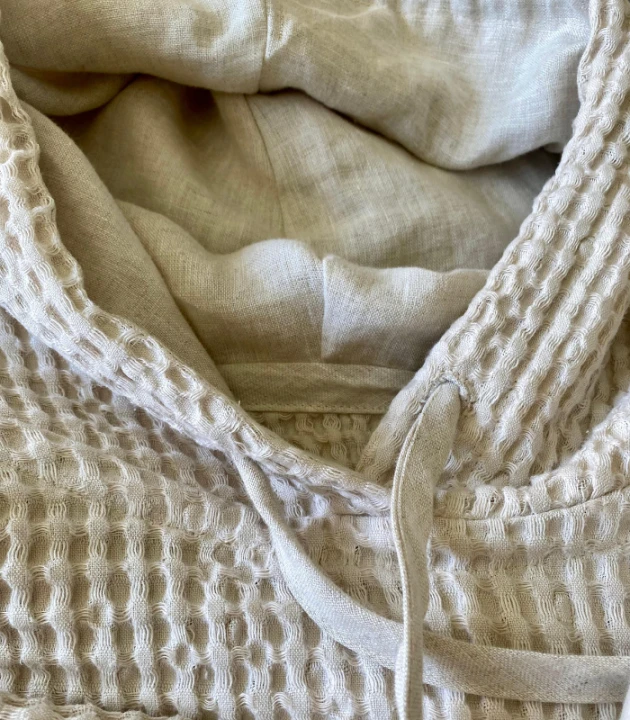 BLUZA lniano-bawełniana Z KAPTUREM, kremowy beż z naturalnym kapturem UNISEX S/M