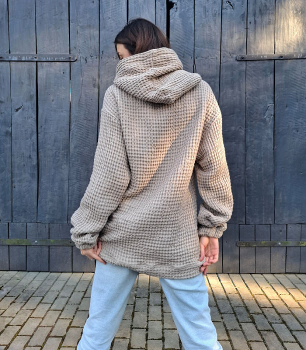 BLUZA lniano-bawełniana Z KAPTUREM, szara z zielonym kapturem UNISEX S/M