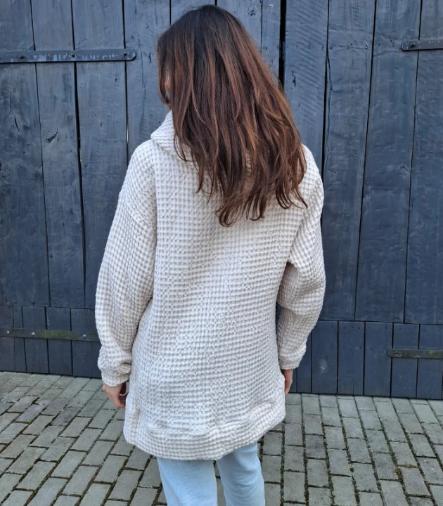 BLUZA lniano-bawełniana Z KAPTUREM, kremowa z różowym kapturem UNISEX S/M