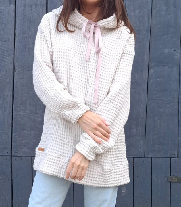 BLUZA lniano-bawełniana Z KAPTUREM, kremowa z różowym kapturem UNISEX S/M