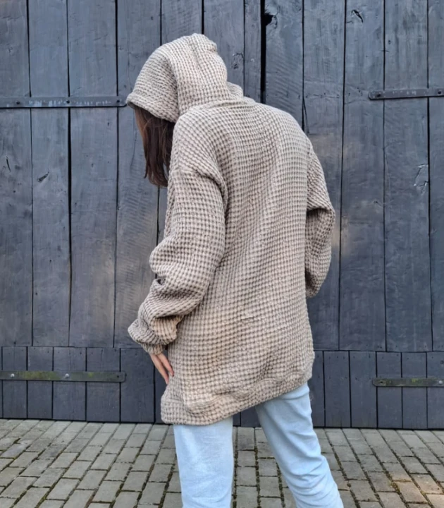 BLUZA lniano-bawełniana Z KAPTUREM, szara z naturalnym kapturem UNISEX S/M