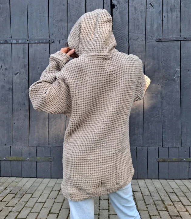 BLUZA lniano-bawełniana Z KAPTUREM, szara z naturalnym kapturem UNISEX S/M