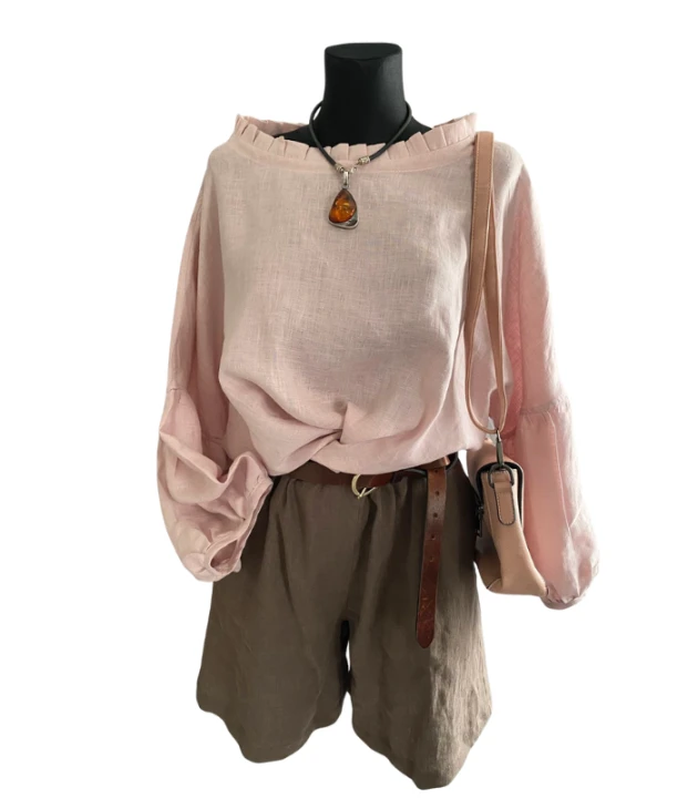 BLUZKA lniana z falbaną BOHO, LEN 100% - rozmiar uniwersalny, kolor MGLISTY RÓŻ