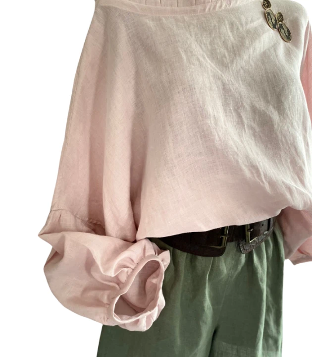 BLUZKA lniana z falbaną BOHO, LEN 100% - rozmiar uniwersalny, kolor MGLISTY RÓŻ
