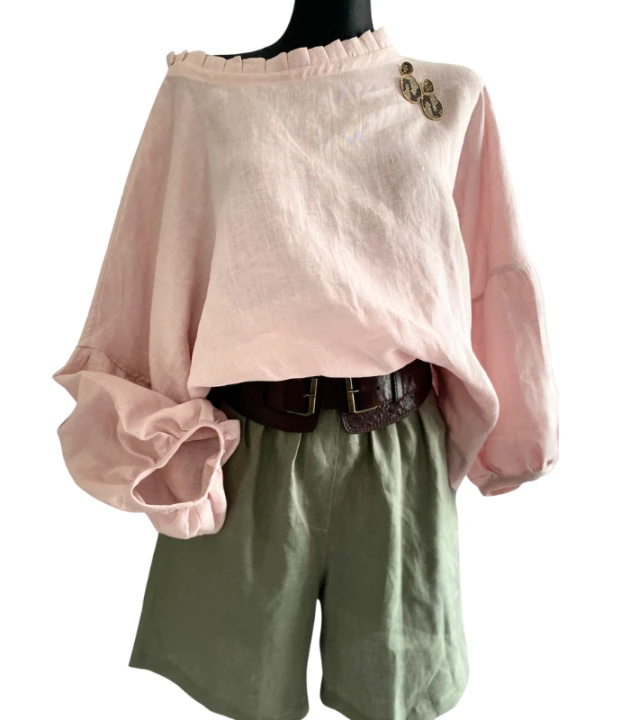 Szorty LNIANE, spodenki damskie LEN 100% - ZIELEŃ AWOKADO, rozmiar S/M